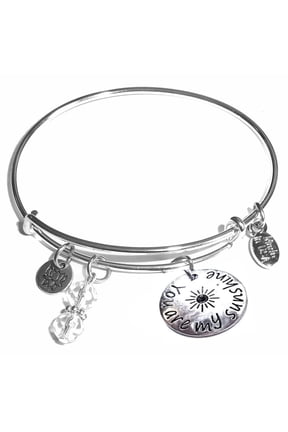 "You are my sunshine" Message Charm Expandable Wire Bangle Bracelet, COMES IN A GIFT BOX!
