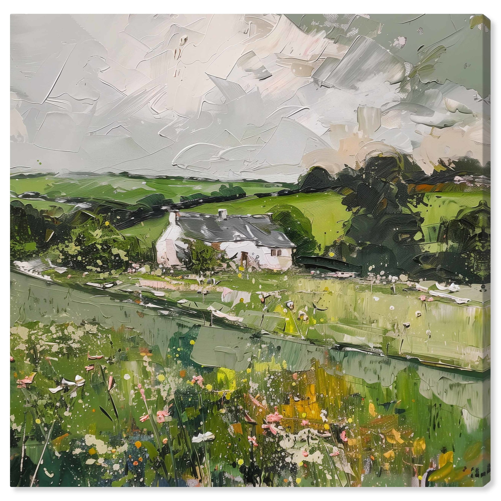 Hidden Home Green and White Canvas Landscape Art, 16" x 16"