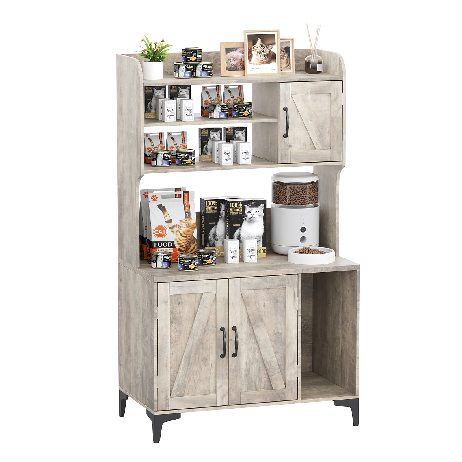 Hidden Litter Box Cabinet with Shelves & Doors, Wood Cat Litter Box Enclosure Furniture, Sturdy Indoor Cat House for Most Litter Boxes, Privacy Pet Storage for Living Room