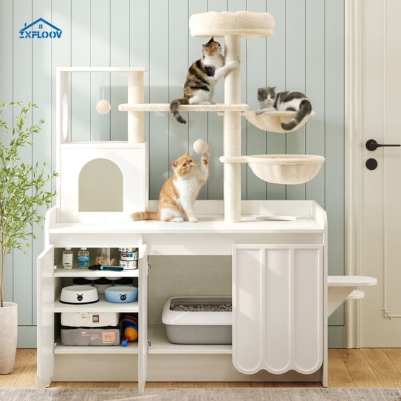 Hidden Litter Box Enclosure Cat Tree 50.6", All-in-One Cat Tower with Sisal Scratching Post, Storage, Hammock, White/Black