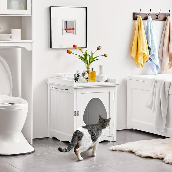 Hidden Litter Box Enclosure Furniture Modern White Side Table with Towel Bar