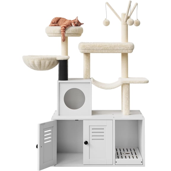 Hidden Litter Box Enclosure with Large Cat Tree 55 in 2 in-1 Modern Multi-Level Pussy Tower Condo Toilet Furniture with Hammock Sisal Scratching Posts Plush Perch to Climb Scratch Sleep Play
