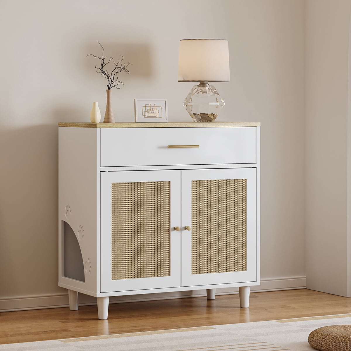 Hidden Litter Box Furniture, Cat Litter Box Enclosure with Scratch Board, Wooden Enclosed Cat Litter Cabinet Storage 32.5 x 31.69 x 15.75 Inches, White