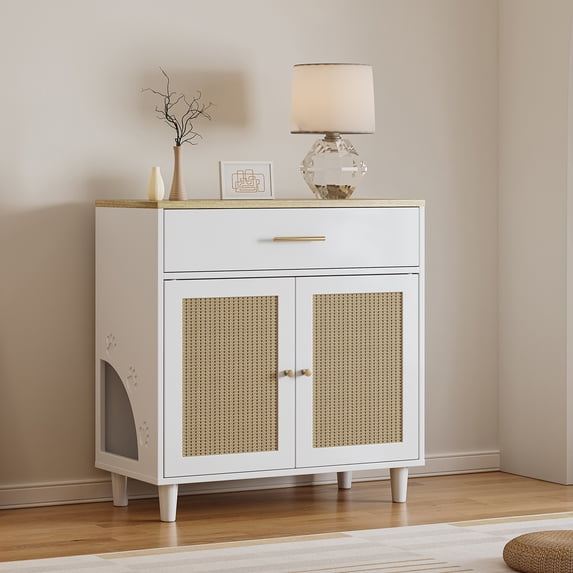 Hidden Litter Box Furniture, Cat Litter Box Enclosure with Scratch Board, Wooden Enclosed Cat Litter Cabinet Storage 32.5 x 31.69 x 15.75 Inches, White