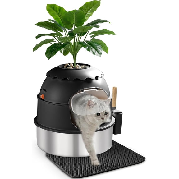 Hidden Litter Box, Stainless Steel Litter Box with Faux Plant Decor, Litter Box Enclosure with Clear Front Door, Includes Scoop & Litter Mat, Odor Control, Easy to Clean (Black)