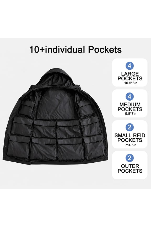 Hidden Pockets Travel Jacket for Men Women, 10 Multi Storage Pockets Coat, Holds 5 Days Outfits, Luggage Free Design for Air Travel and Outdoor Travel
