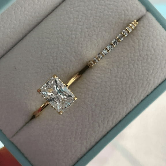 Hidden Radiant Cut Engagement Ring Set in 14K Yellow Gold Vermeil- Halo and Half Eternity Band For Women