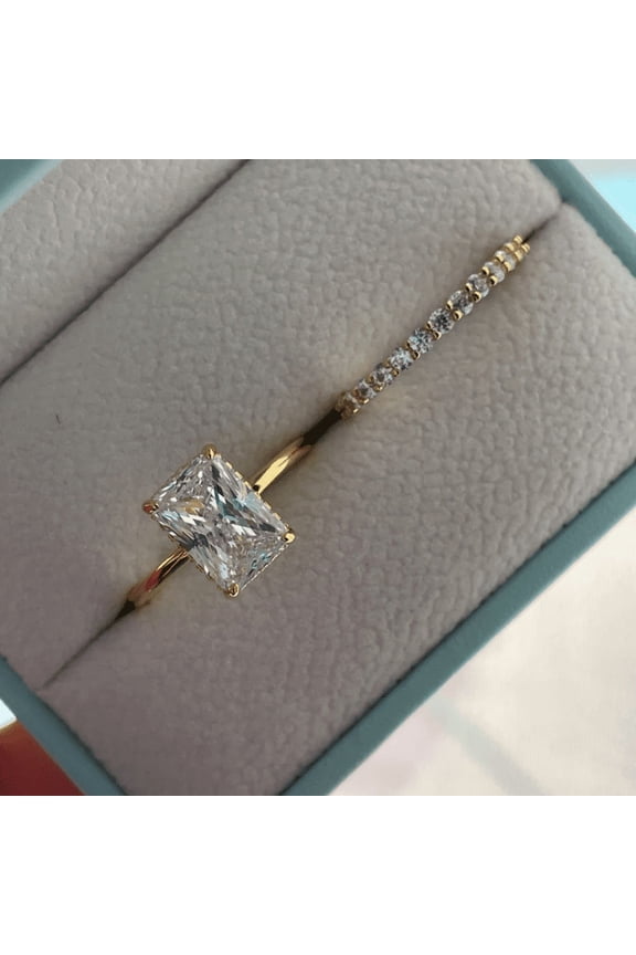 Hidden Radiant Cut Engagement Ring Set in 14K Yellow Gold Vermeil- Halo and Half Eternity Band For Women