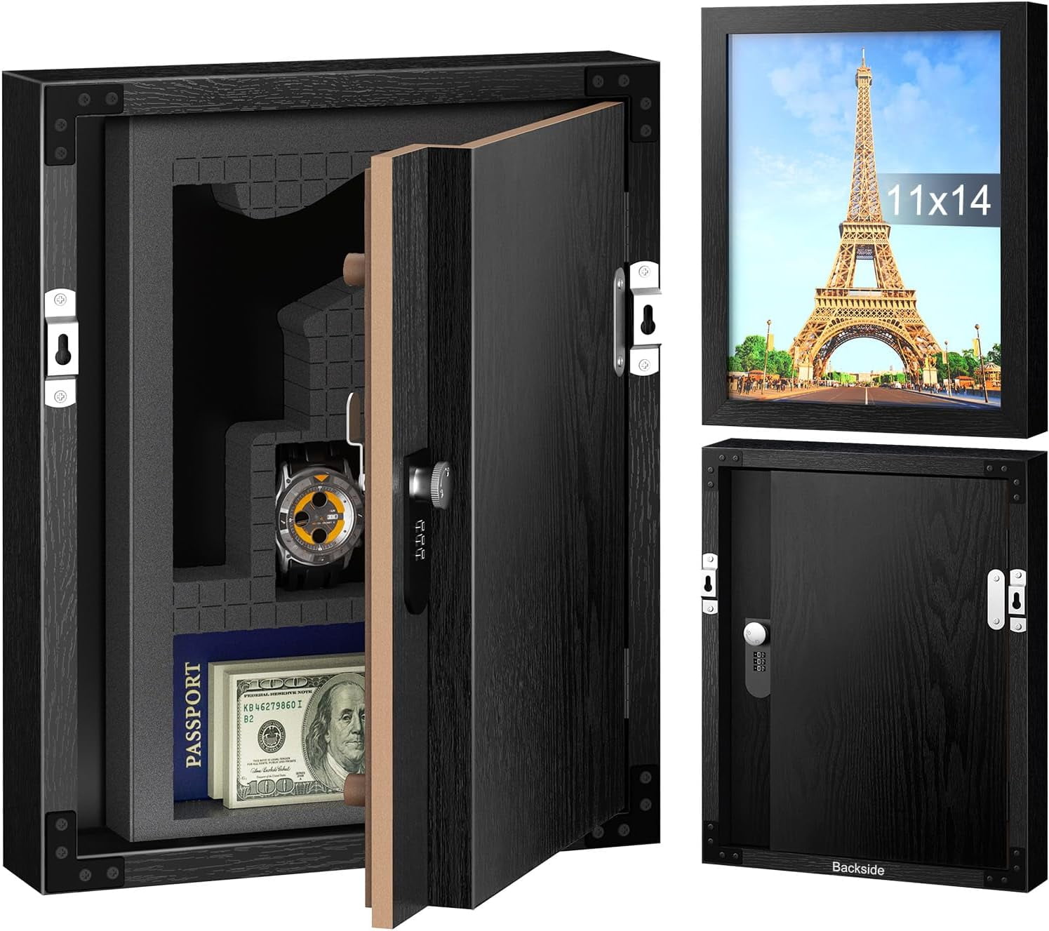 Hidden Safe with Lock, Wooden Picture Frame Diversion Safe, Large Hidden Money Safe with Customizable Foam, Hidden Compartment, Secret Decor Concealment Furniture, 11 x 14 inchs, Black
