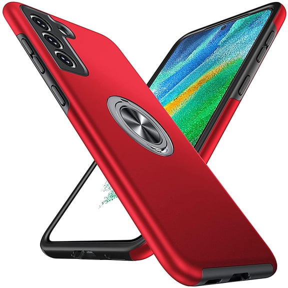 Hidden Series Galaxy S21 FE Case 5G, [Heat Dissipation] [No Fall-Off Kickstand] 360°Metal Ring, 15Ft Military Grade Shockproof Phone Case for Samsung Galaxy S21 FE 6.4 Inch, Red