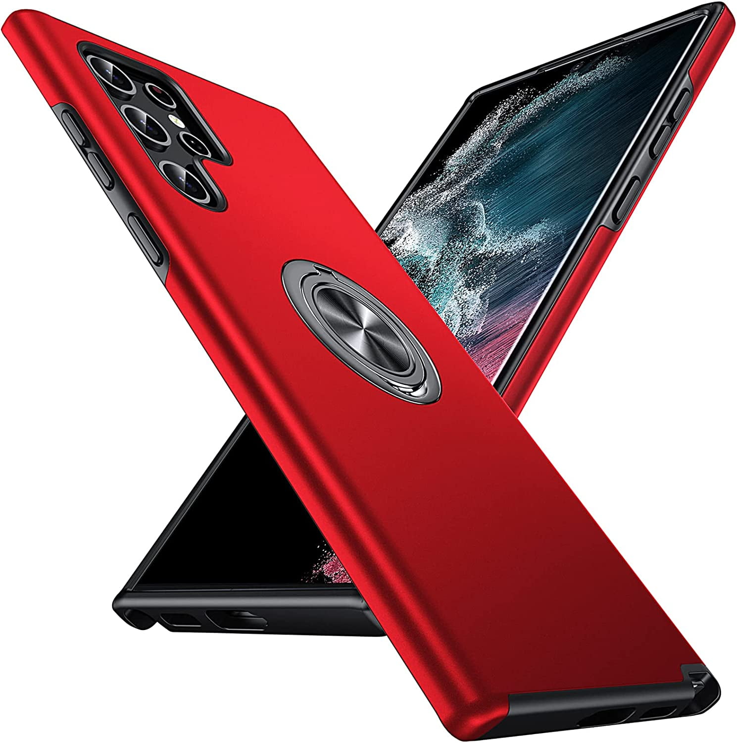 Hidden Series Galaxy S22 Ultra Case 5G,[Heat Dissipation][No Fall-Off Kickstand] 360°Metal Ring, 15Ft Military Grade Shockproof Protective Phone Case Designed for Samsung Galaxy S22 Ultra, Red