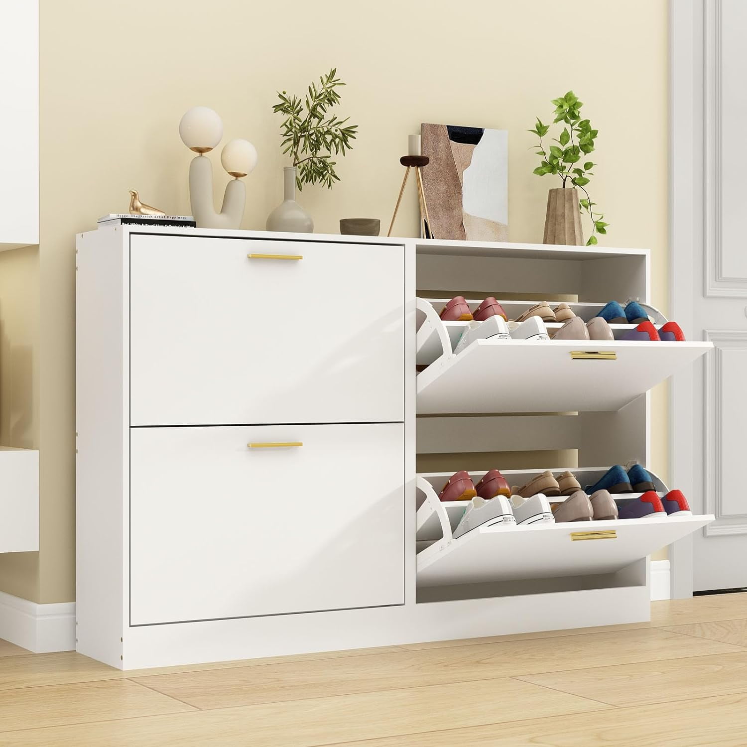 Hidden Shoe Cabinet with 2 Flip Drawers Set of 2, Narrow Shoe Storage ...