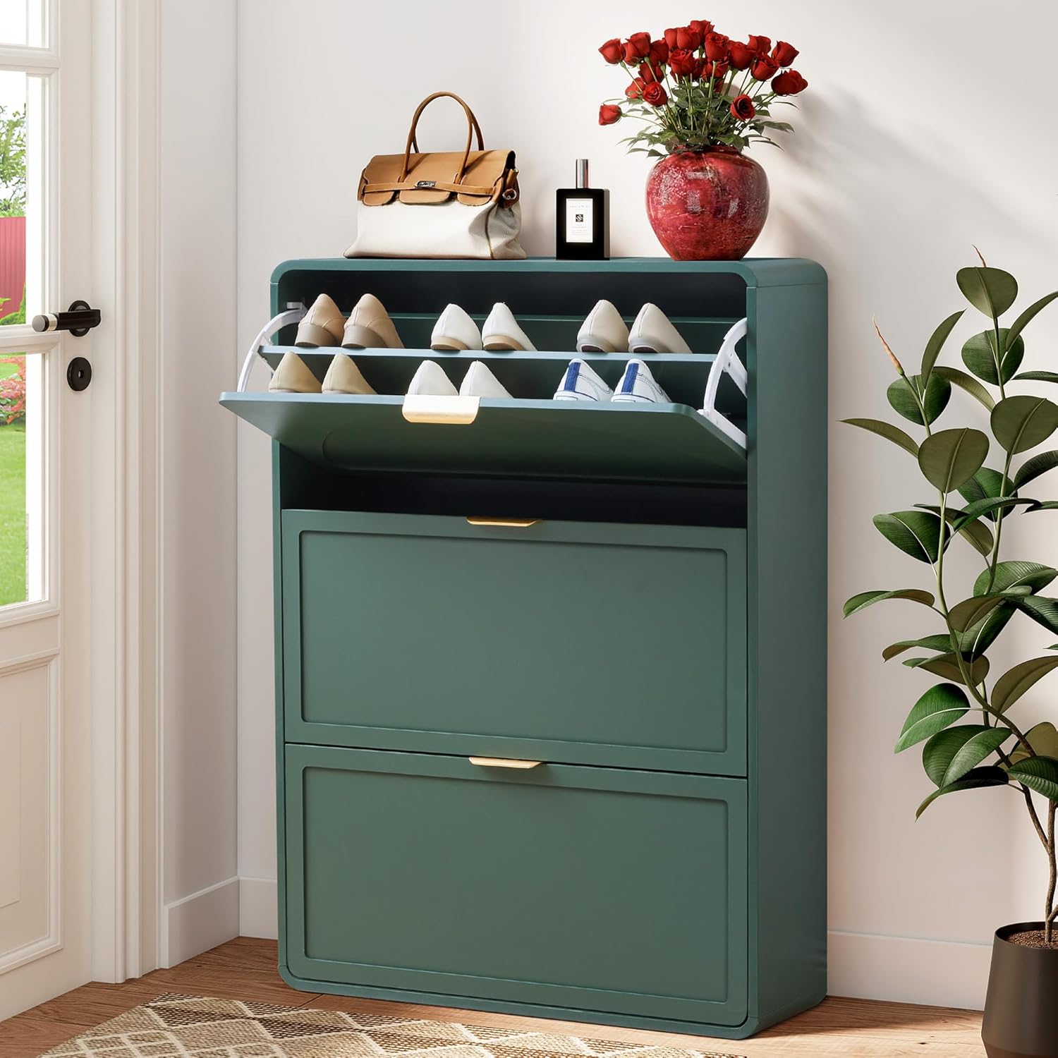 Hidden Shoe Cabinet with Drawer, Free Standing Narrow Shoe Rack Cabinet ...