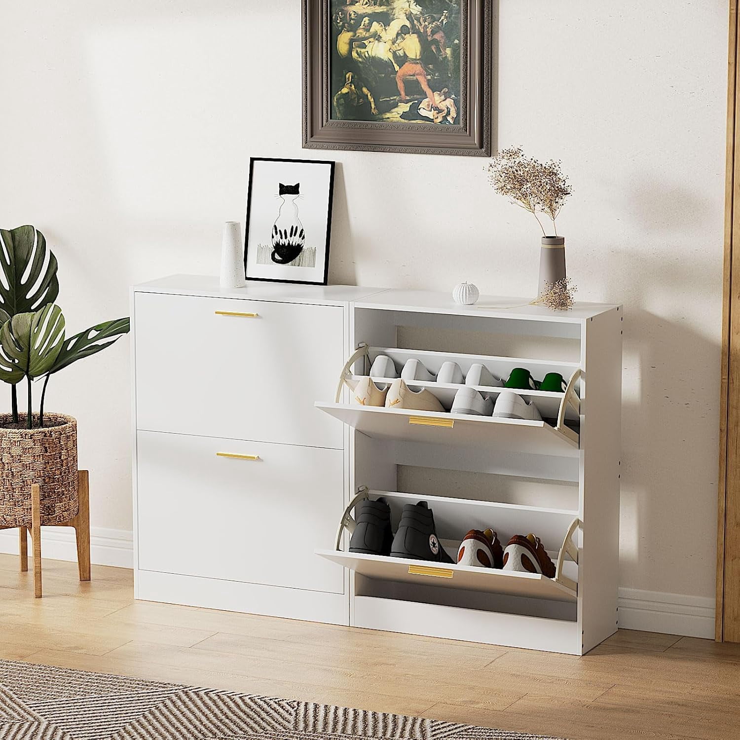 Hidden Shoe Cabinet Set of 2, White Narrow Entryway Shoe Storage ...