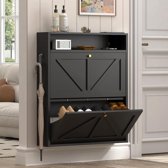 Hidden Shoe Rack, 2 Flip-Down Shoe Storage Cabinet for Entryway, Slim Wall Mounted Shoe Cabinet with Open Top Shelf & Hooks, Space-Saving Steel Enclosed Shoe Rack, Anti-Tip, Black
