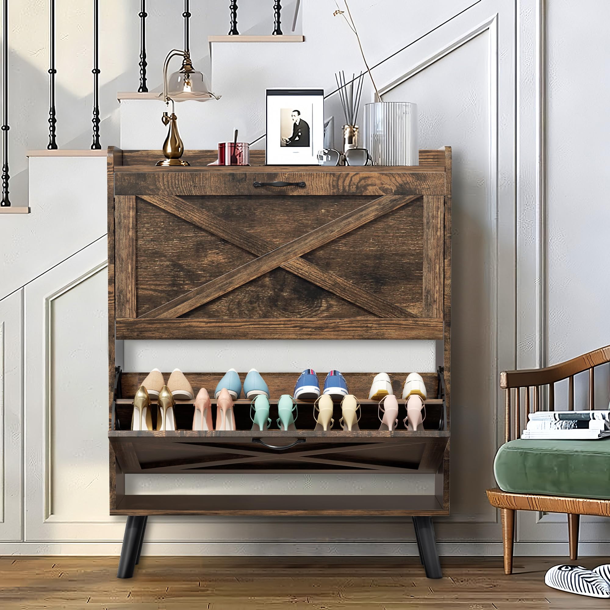 Hidden Shoe Rack Cabinet with Flip Drawers, Wooden Legs Slim Design ...