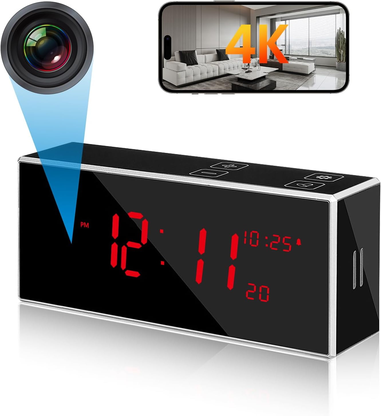 Hidden Spy Camera Alarm Clock with Stronger Night Vision 4K Wireless