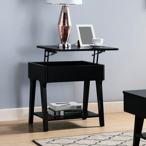 Hidden Storage Lift Tabletop End Table In Black With Open Bottom Trait Nature And Shelf