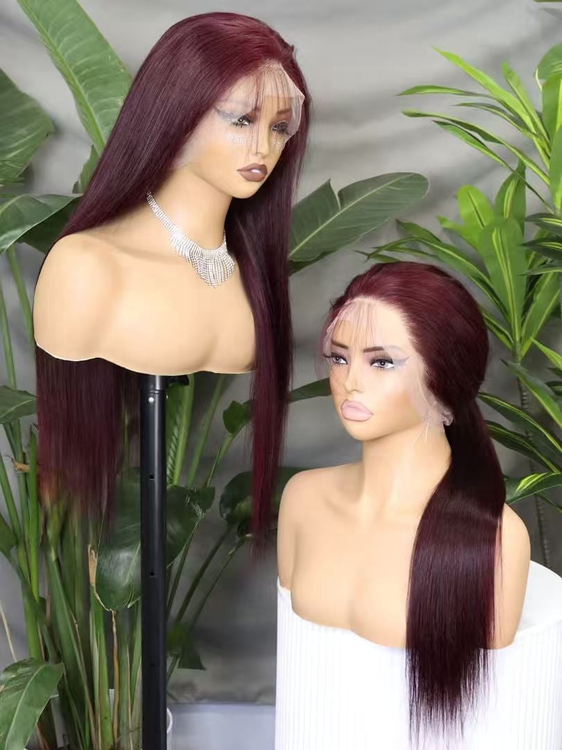 Hidden Strap Straight 360 Full Lace Front Wig Human Hair Glueless Wigs 26inch Pre Plucked 250% Density 99j Color Wig With Drawstring HD Full Lace Human Hair Wigs 26Inch