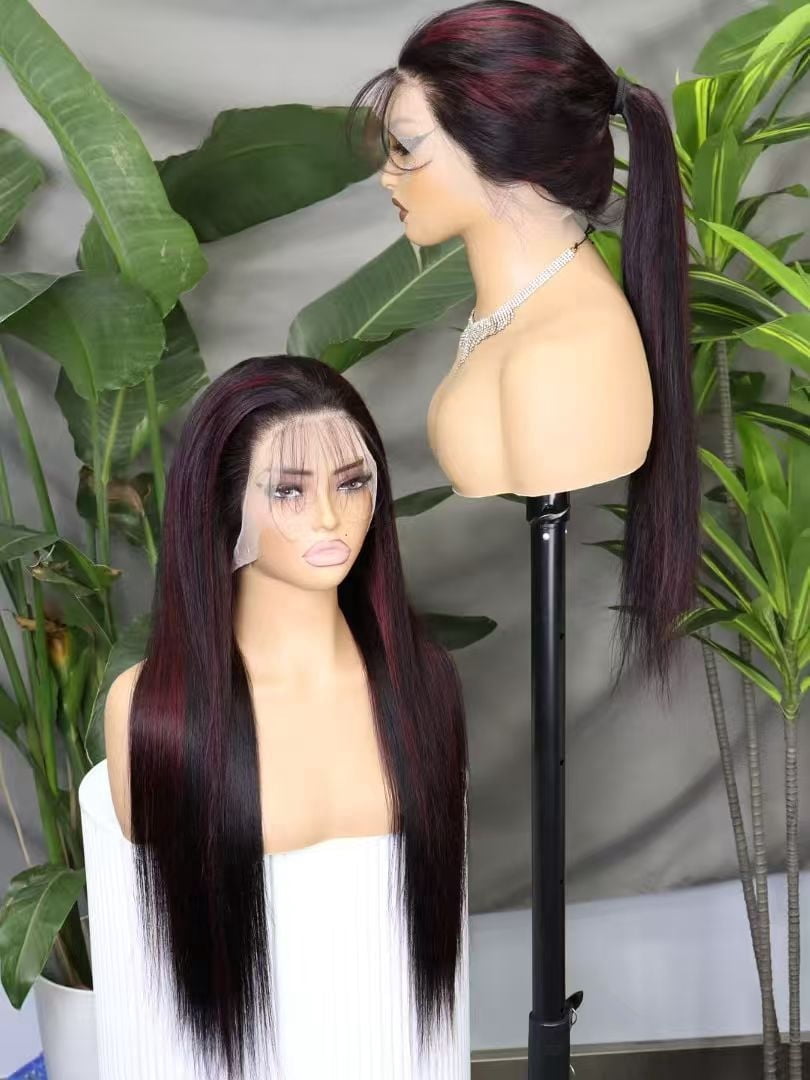 Hidden Strap Straight 360 Full Lace Front Wig Human Hair Glueless Wigs 26inch Pre Plucked 250% Density OP1B/99J  Color Wig With Drawstring HD Full Lace Human Hair Wigs 26Inch