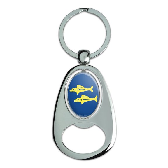 Hidden Temple Blue Barracudas Keychain Chrome Metal Spinning Oval Bottle Opener
