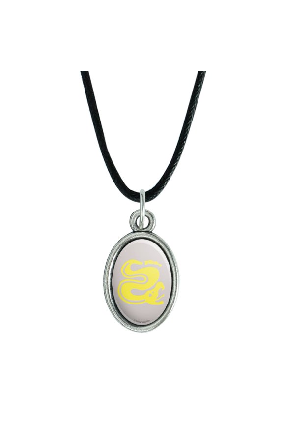 Hidden Temple Silver Snakes Antiqued Oval Charm Pendant with Black Satin Cord