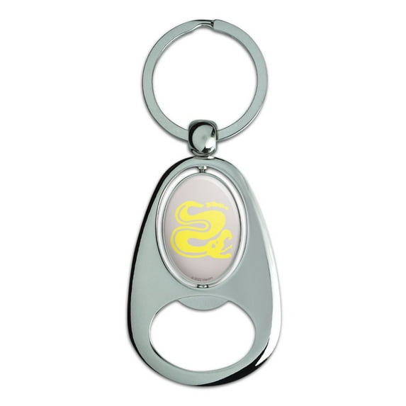 Hidden Temple Silver Snakes Keychain Chrome Metal Spinning Oval Bottle Opener
