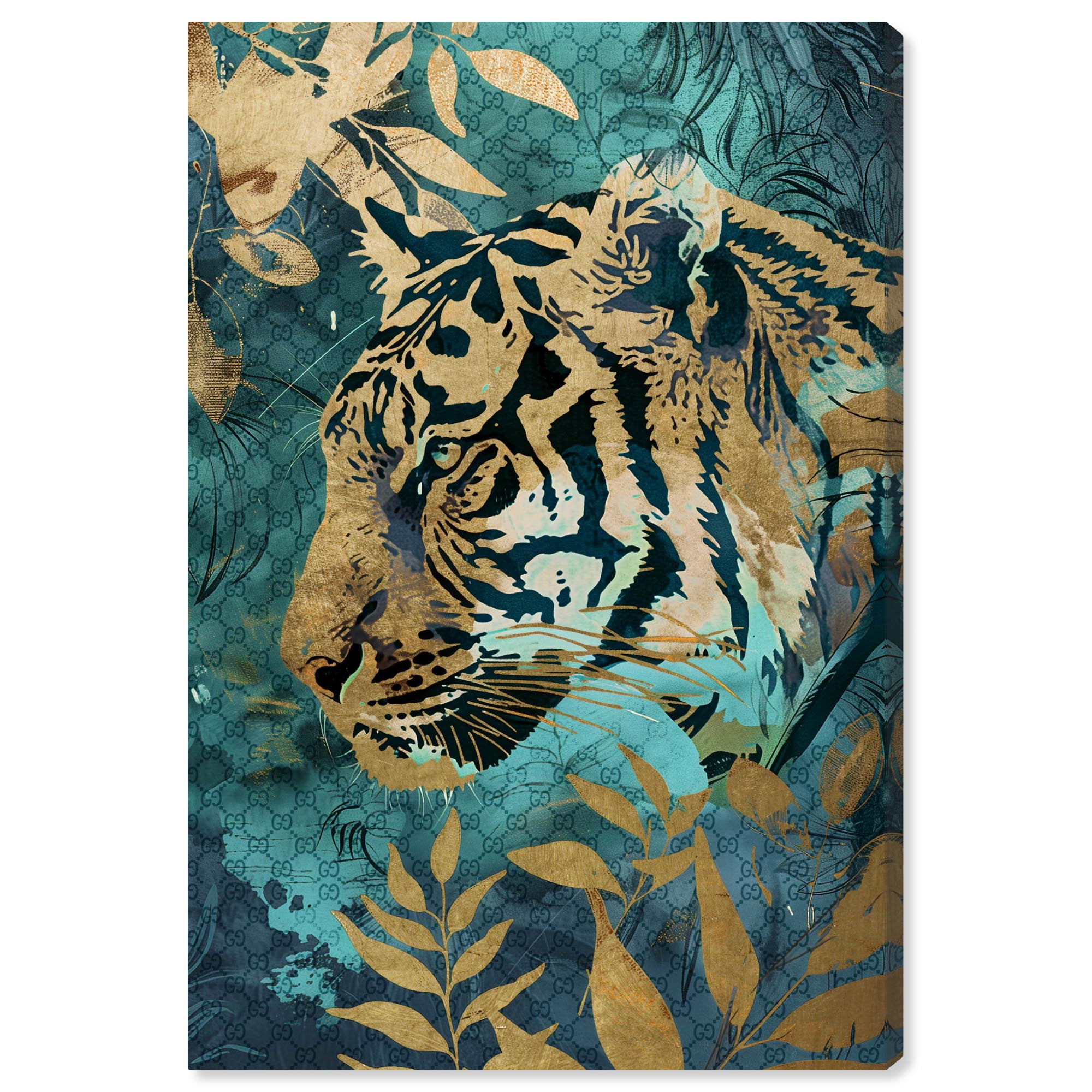 Hidden Tiger Teal and Gold Canvas Gallery Wrapped Art Print