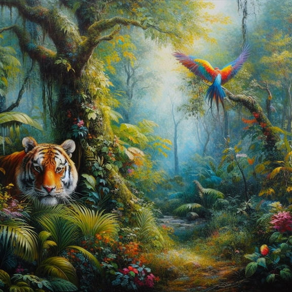 Hidden Tiger Oil Painting - 12" x 18" Art Print Wall Decor