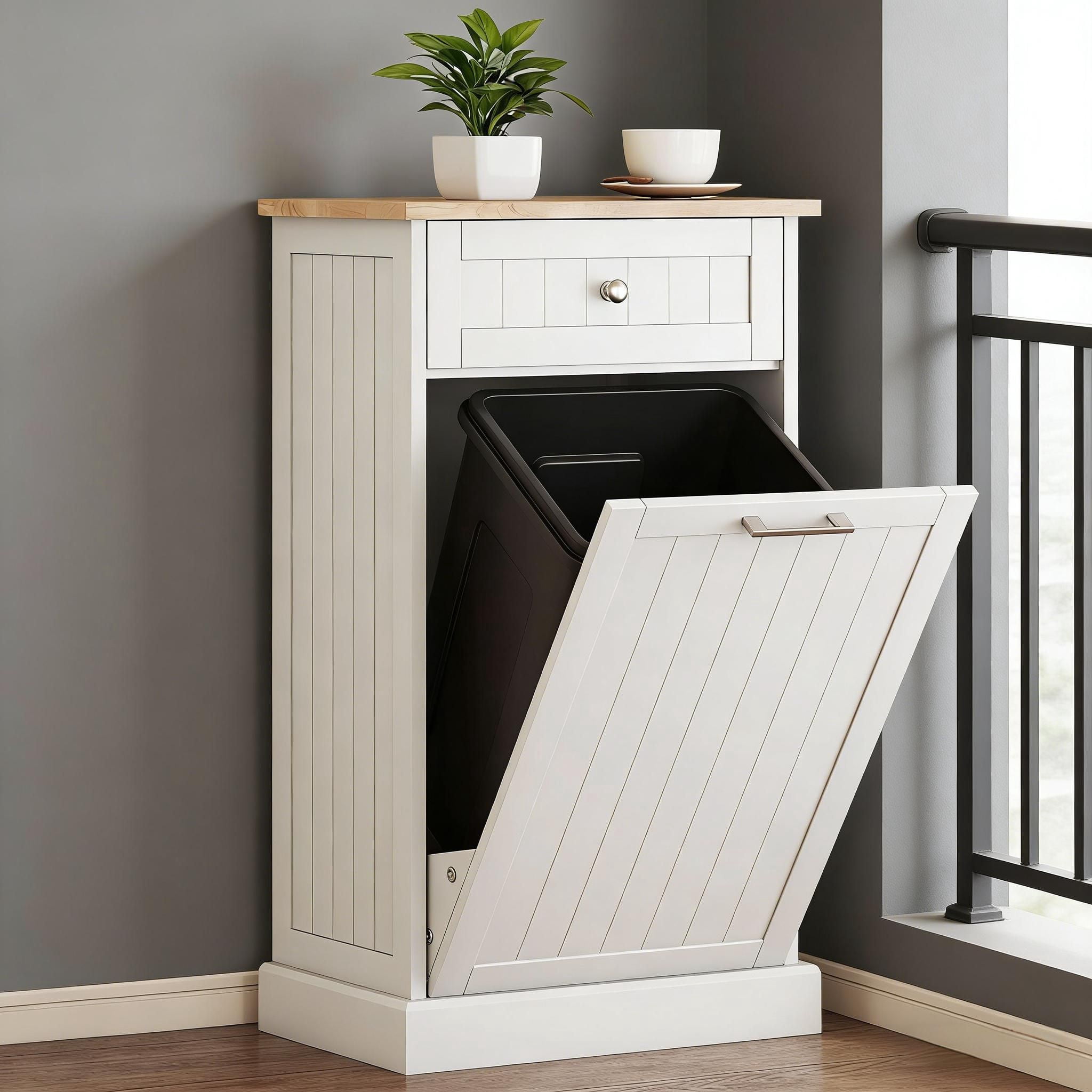Hidden Trash Can Cabinet with Storage Drawer, Tilt-Out Door, Fits Up to 10 Gallon Bin, MDF and Particle Board, 20 in Wide, for Kitchen, Hallway, Laundry Room