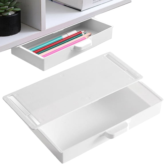 Hidden Under Desk Drawer, Adhesive Plastic Storage Drawer for Office, Stick-on Organizer for Makeup, Jewelry, and Kitchen, White