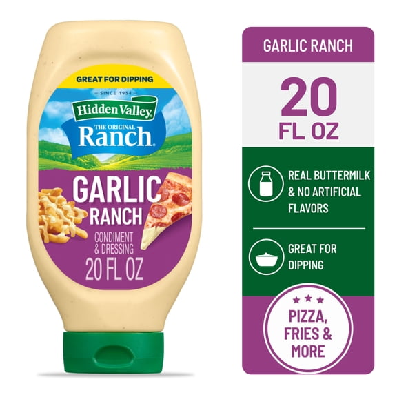 Hidden Valley Garlic Ranch Dip Sauce Condiment & Dressing, 20 fl oz Squeeze Bottle