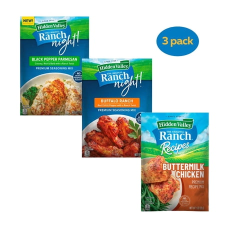 Hidden Valley Ranch Night Seasoning Mix 3 Pack (Black Pepper Parmesan, Buffalo Ranch, Buttermilk Chicken)