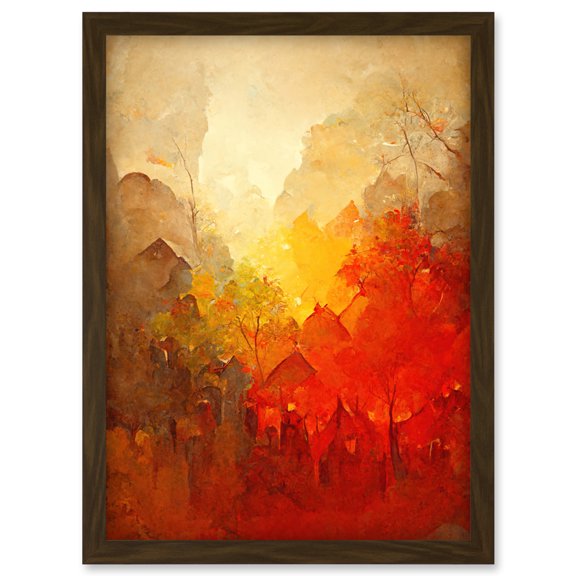Hidden Village Autumn Forest Warm Glow Watercolour Artwork Framed Wall Art Print A4