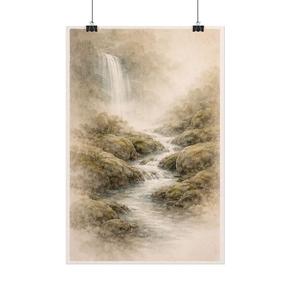 Hidden Waterfall Art, Japanese Ink Wash, Minimalist Zen Nature Poster, Unframed Paper Poster 24x36in