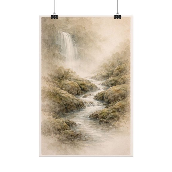 Hidden Waterfall Art, Japanese Ink Wash, Minimalist Zen Nature Poster, Unframed Paper Poster 8x10in