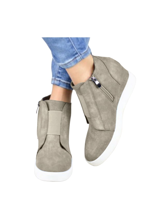 Hidden Wedge Ankle Boots for Women Trendy Stretch Slip on Zip up Flat Fall Booties Casual Walking Shoes