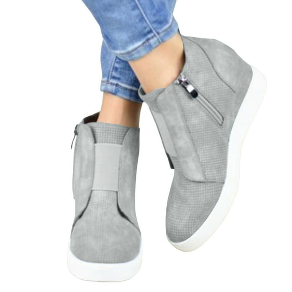 Hidden Wedge Ankle Boots for Women Trendy Stretch Slip on Zip up Flat Fall Booties Casual Walking Shoes
