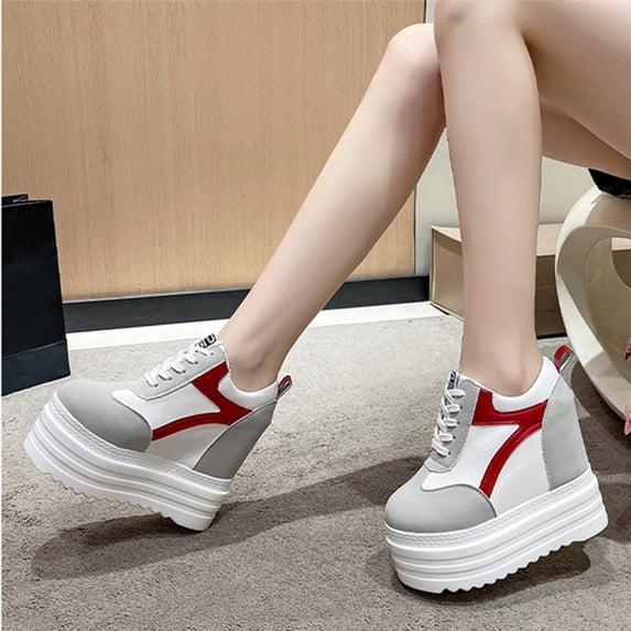 Hidden Wedge Heel, Womens Platform Sneakers, Hidden Wedge Heel Lace Up Shoes with Ultra High Thick Sole, Comfortable Fashion Walking Footwear for Daily Wear, Trendy Shoes for Women