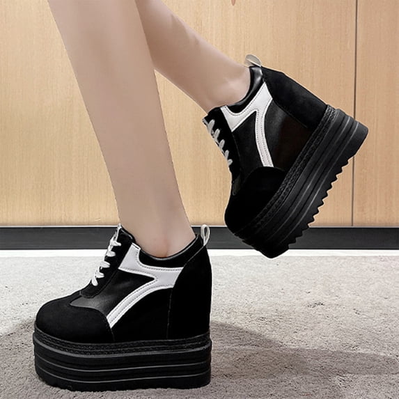 Hidden Wedge Heel, Womens Platform Sneakers, Hidden Wedge Heel Lace Up Shoes with Ultra High Thick Sole, Comfortable Fashion Walking Footwear for Daily Wear, Trendy Shoes for Women