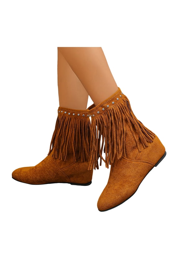 Hidden Wedges Mid Calf Fringe Boots for Women Boho Winter Fall Studded Suede Round Toe Dress Cowgirl Booties Brown Size 7