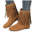thumbnail image 1 of Hidden Wedges Mid Calf Fringe Boots for Women Boho Winter Fall Studded Suede Round Toe Dress Cowgirl Booties Khaki Size 6.5, 1 of 7