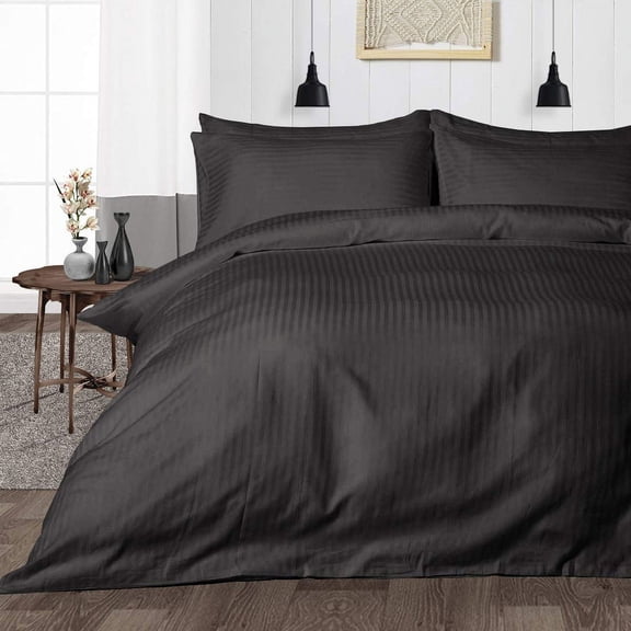 Hidden Zipper Closure Comforter Cover, 100% Egyptian Cotton, 300 Thread Count, Duvet Cover & 4 Pillowcases- Duvet Cover Set 5 Piece-Breathable & Comfy-Dark Gray Stripe, Twin Size