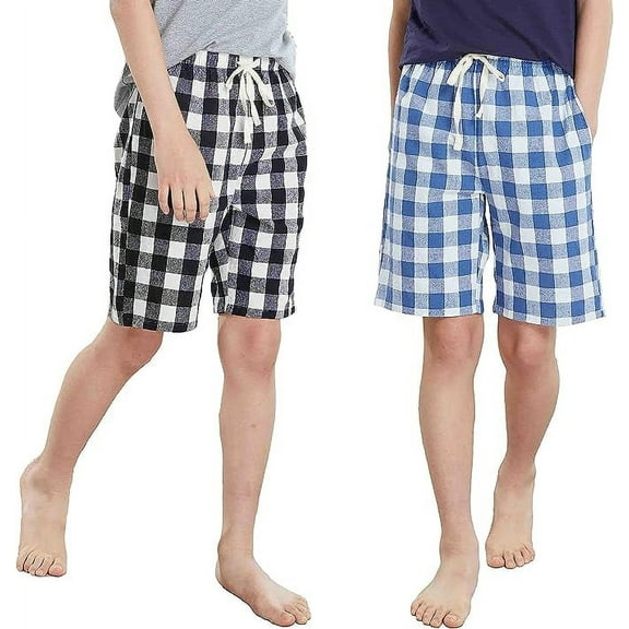 HiddenValor Big Boys Cotton Plaid Pajamas Shorts, Pull On Lounge Shorts With Pockets 2 Pack