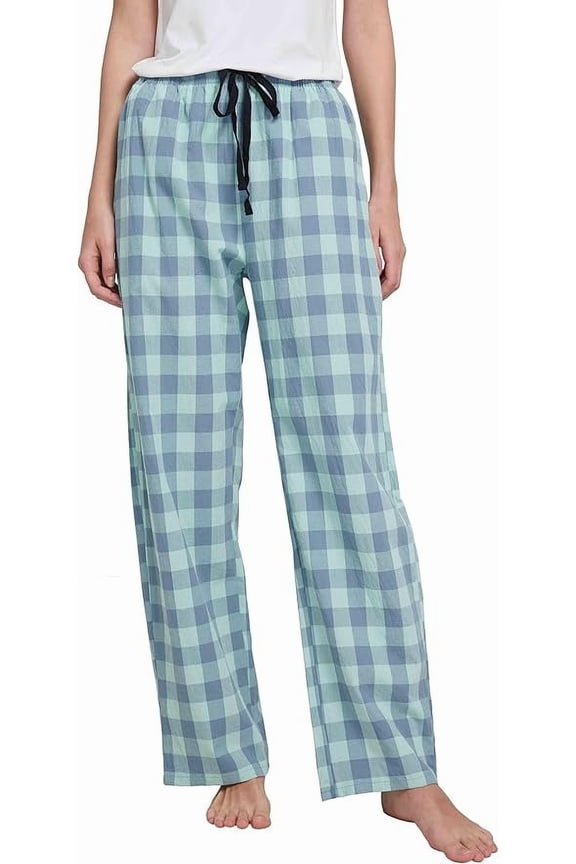 Women Lightweight Woven Cotton Plaid Pajama Lounge Pants