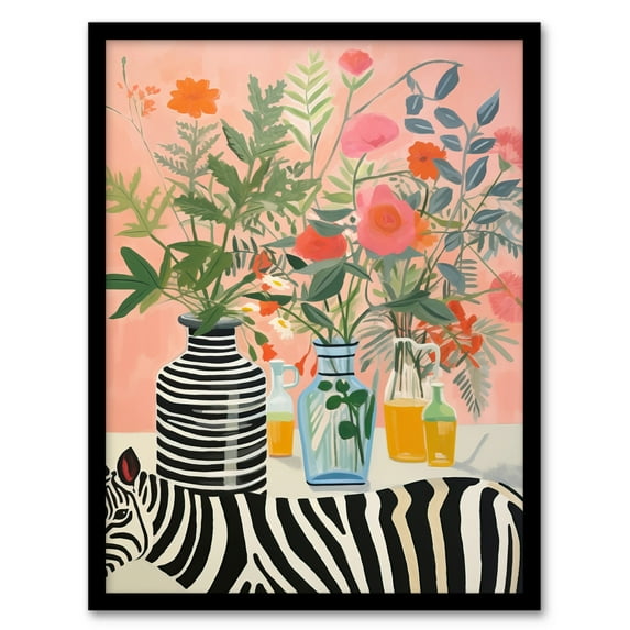 Hide And Seek Zebra Floral Fun Pink Artwork Framed Wall Art Print A4