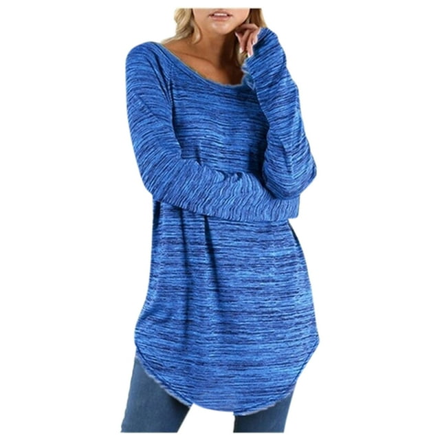 Hide Belly Long Shirt Flowy Round Neck Solid Long Sleeve Shirts Plus