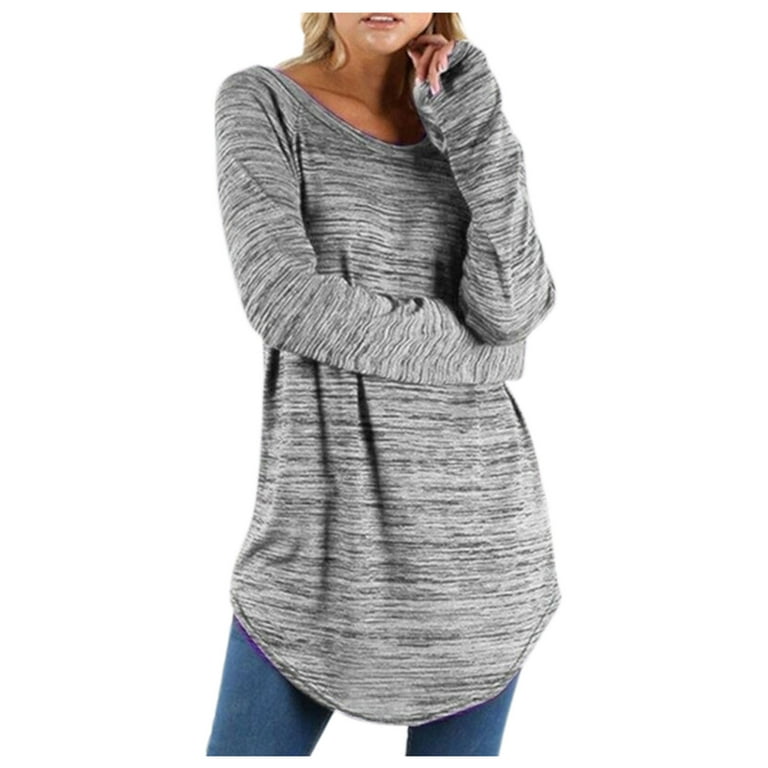Hide Belly Long Shirt Flowy Round Neck Solid Long Sleeve Shirts Plus Size  Tops for Women Dressy Comfy Tunic Tops to Wear with Leggings Gray M