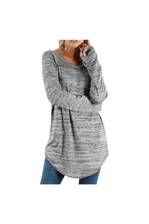 Hide Belly Long Shirt Flowy Round Neck Solid Long Sleeve Shirts Plus Size Tops for Women Dressy Comfy Tunic Tops to Wear with Leggings Gray XXXL