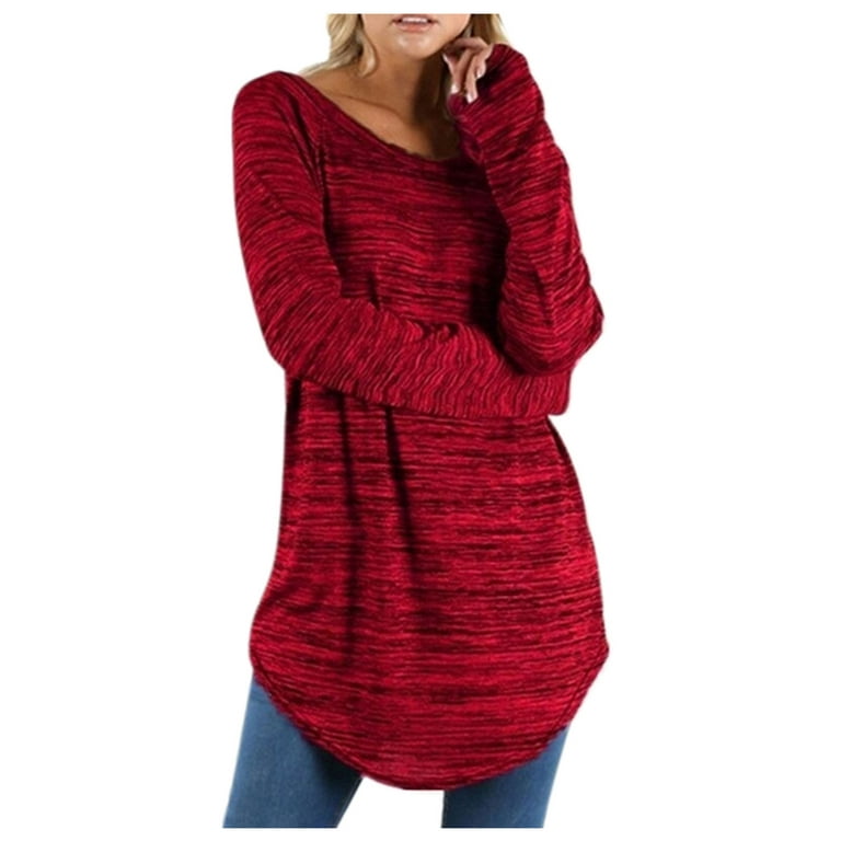 Hide Belly Long Shirt Flowy Round Neck Solid Long Sleeve Shirts Plus Size  Tops for Women Dressy Comfy Tunic Tops to Wear with Leggings Red M
